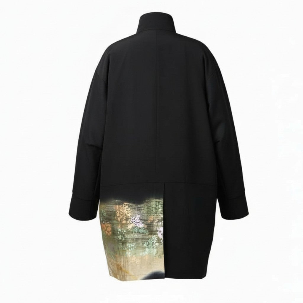 Jet black crane embroidered coat