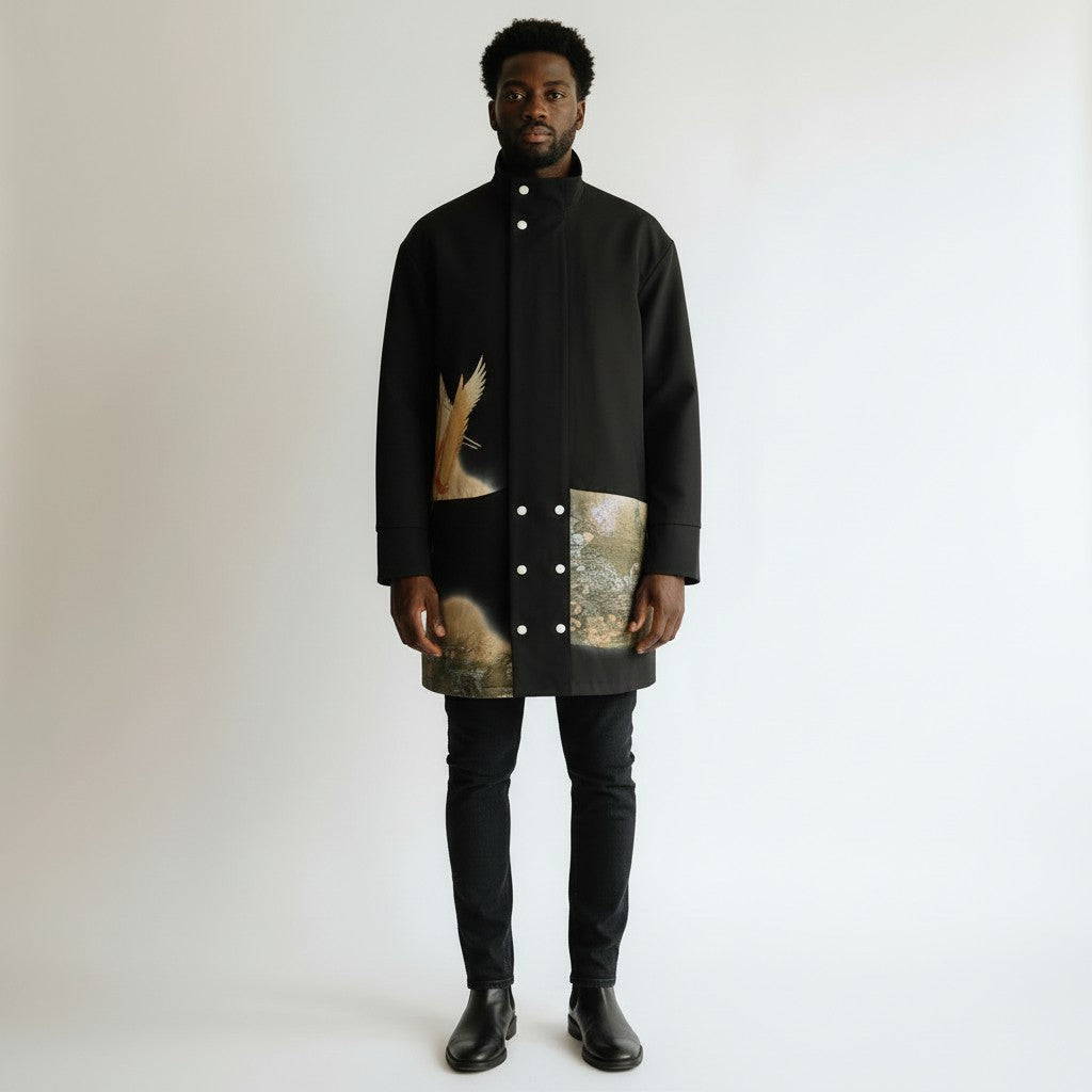 Jet black crane embroidered coat