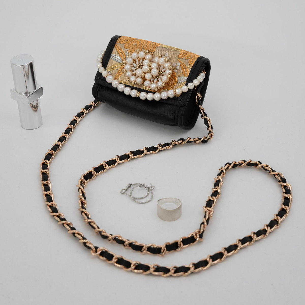"Ichimatsu Phoenix" obi and pearl micro bag