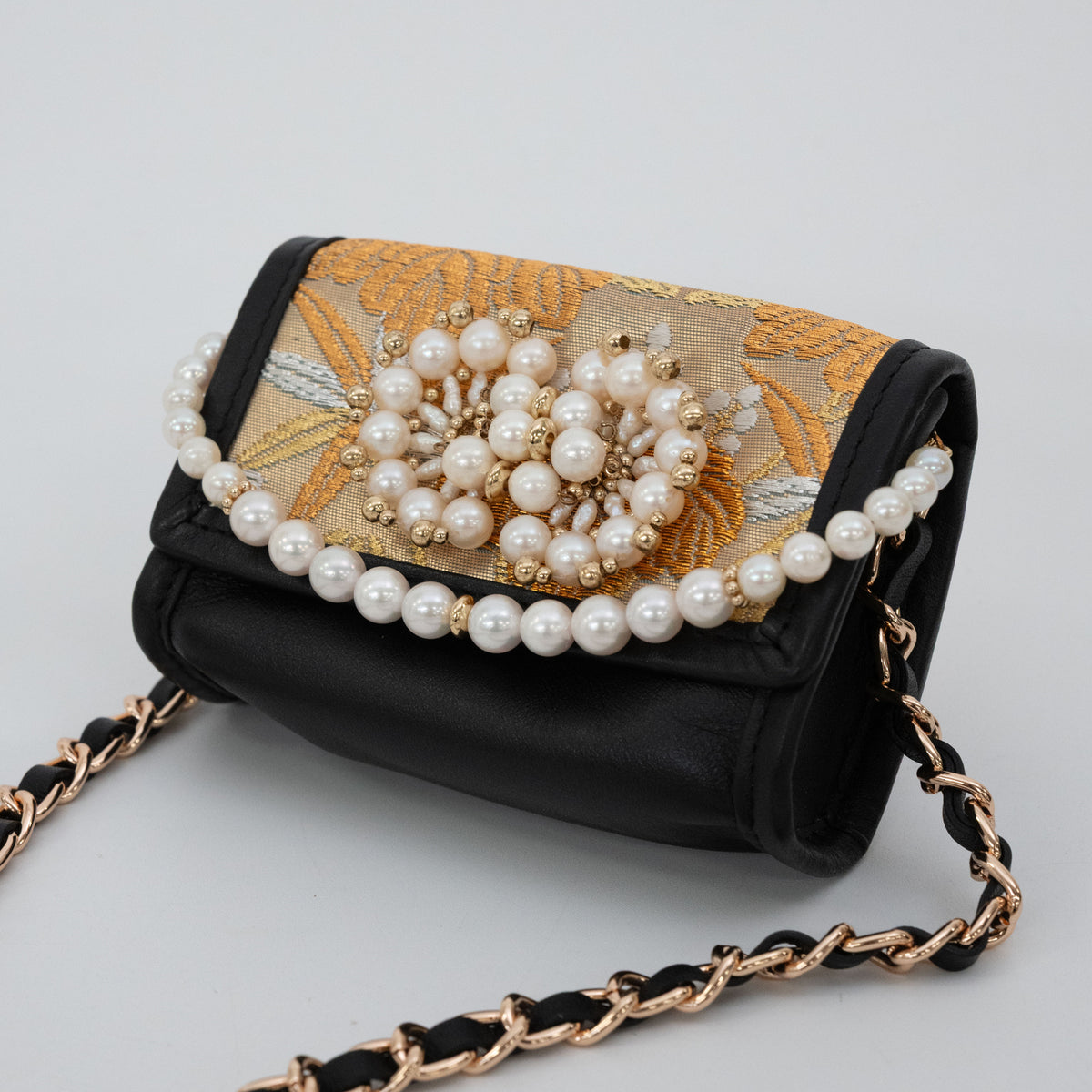 "Ichimatsu Phoenix" obi and pearl micro bag