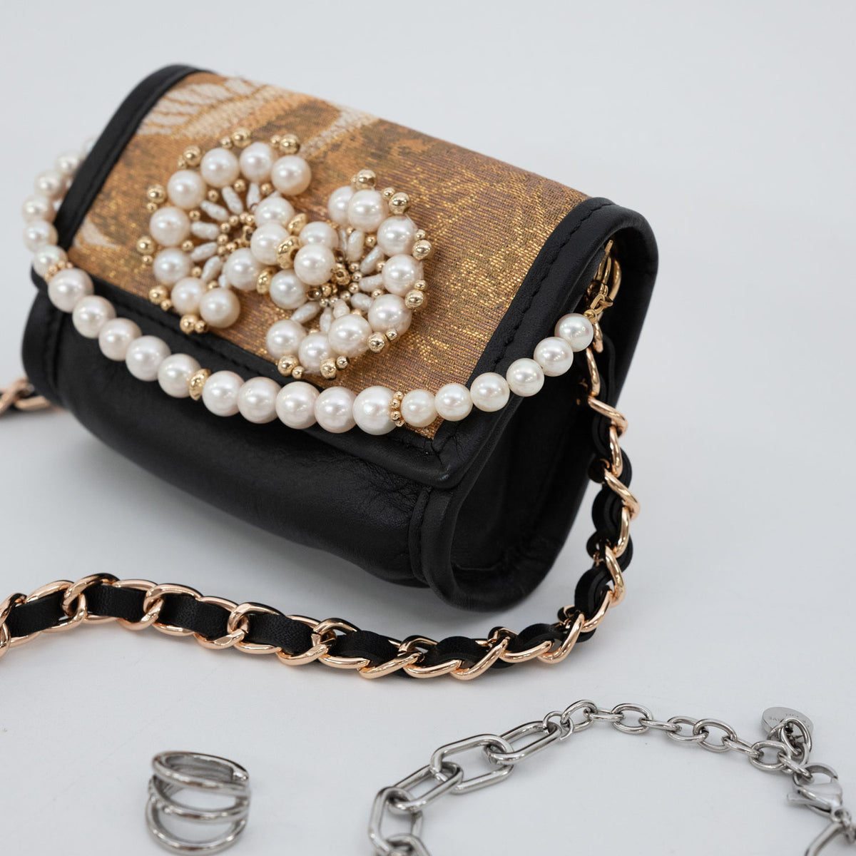 "Cranes, Pine, Bamboo, and Plum" Gold Leaf Obi Micro Bag