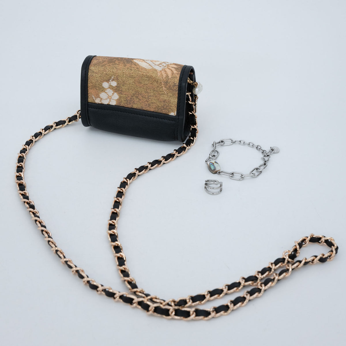 "Cranes, Pine, Bamboo, and Plum" Gold Leaf Obi Micro Bag