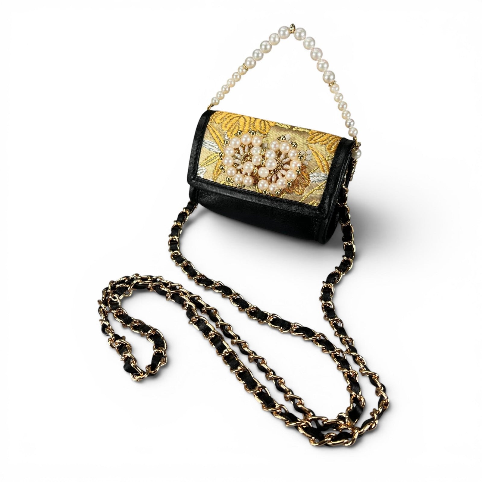 "Ichimatsu Phoenix" obi and pearl micro bag