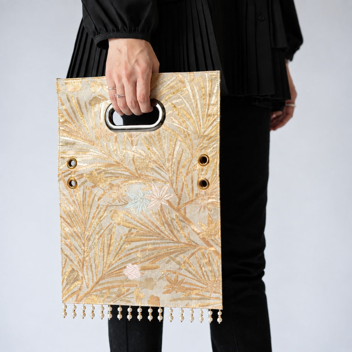 Wakamatsu and plum family crest, Akoya pearl embellished Clutch bag