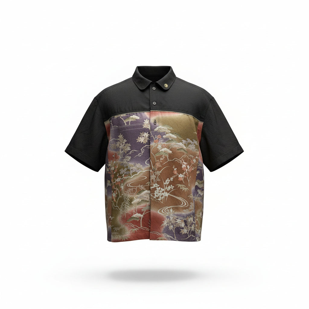 黑羽二重绸和紫色刺绣访问和服绸衬衫