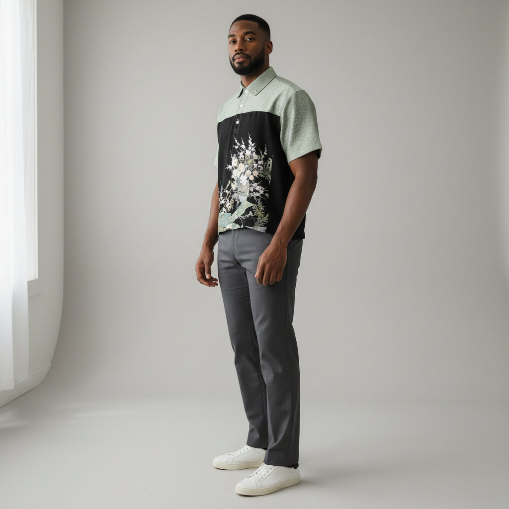 二つの着物が織りなす絞り草葉模様のシルクシャツ