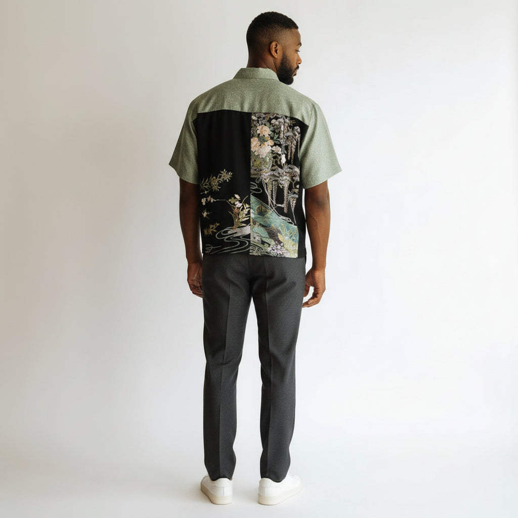 二つの着物が織りなす絞り草葉模様のシルクシャツ